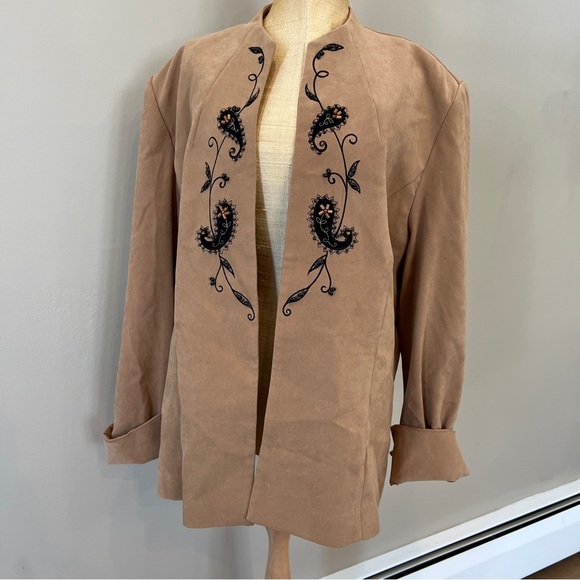 2 pc Wide Leg Pants Brushed Suede Like Bead Open Blazer 14/16 Tan‎ Black Paisley - Picture 1 of 13